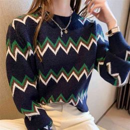 Korean Chic Panelled Wave Cut Pattern Knitwear Vintage O-neck Jumper Loose Long Sleeve Knitted Pullover Sweater Pull Femme Hiver 210514