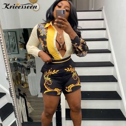 Kricesseen Sexy Print Two Piece Shorts Set Women Single Breasted Long Sleeved Shirt And Shorts Suits Clubwear 2 Piece Outfits X0709