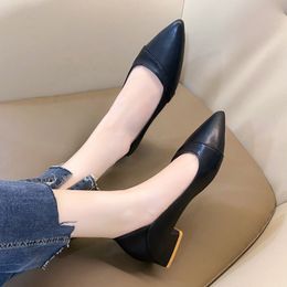 Women Pumps Pointed Toe Boat Shoes Low Heels Dress Shoes Square Heeled Ladies Shoes Ol Office Black White Zapatos Mujer 9332N