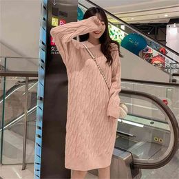 Sweater Skirt Female Autumn And Winter Twist Sleeves Over The Knee Long Solid Color Long-sleeved Loose Knit Dress 210427