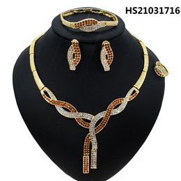 Yulaili Est Dubai Gold Jewellery Sets Red Rhinestone Necklace Earrings Charm Brangle Ring Women Party Jewelery Set Wholesale