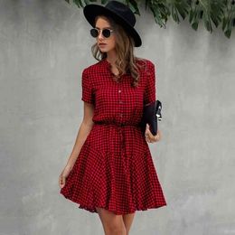 Lossky Women Cotton Mini Dress Fashion Summer Plaid Snake Short Sleeve Casual Ruched Short Nice Shirt Dress Clothes Elegant 201025