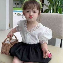 Summer Girls Clothes Sets V-Neck Lace Short-Sleeved Baby Shirt+Lantern Pumpkin Shorts 2pcs Toddler Kids Children's Clothing 210625