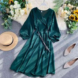 V Neck A-line Dress Summer Women Sweet Half Sleeve Lady Casual Slim High Waist With Belt Bohemian Vestidos 210430