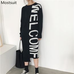 Autumn Thicken Korean Letters Knitted Sweater Dress Women Long Sleeve O-neck Asymmetrical Loose Straight Dresses 210513