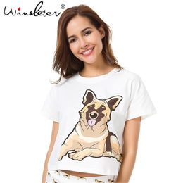 Sleep Top Summer German Shepherd Dog Print Loose T shirt Women Crop Cotton Short Sleeve S-XXL Pajamas pyjamas T73901 210421