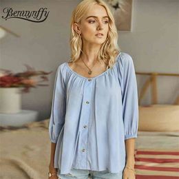 Solid Button Summer Tops For Women Loose Casual OL Three Quarter Length Sleeve V-Neck Top Blouse Female 210510