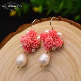 -GLSeevo corail à la main corail fleur rose douleur boucles d'oreilles pour femmes engagement naturel perle romantique luxe bijoux fins GE0608
