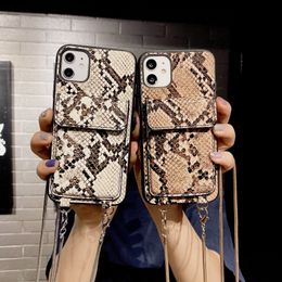Snakeskin Pattern Cases Strap Cord Phone Case for iPhone 12 Mini 11 13 PRO MAX XR X 7 8 PLUS SE2020 Card Pocket Crossbody Wallet Cover
