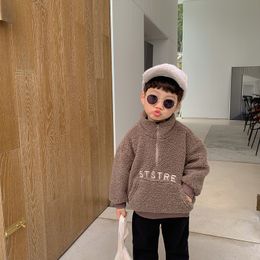 Winter fashion boys letters embroidery stand collar fleece sweatshirts children warm lining casual hoodies 210508