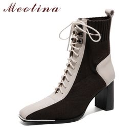 Meotina Genuine Leather High Heel Ankle Boots Women Shoes Square Toe Lace Up Thick Heels Short Boots Autumn Winter Black Size 40 210520