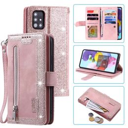 Multifunctional Leather Wallet Cases For Iphone 13 Pro Max Mini Samsung S22 Ultra Plus A33 A53 A22 A82 5G Zipper Bling Glitter Sparkle 9 Cards Slot Holder Flip Covers