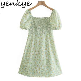 Floral Print Summer Dress Women Sexy Square Neck Puff Sleeve A-line Short Vestido Mujer Holiday Casual Sundress 210430