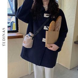 Yedinas Winter Woollen Coat Women Navy Turn-down Neck Female Mid-long Korean Style Outerwear Faux Wool Plus Size Coats All-match 210527