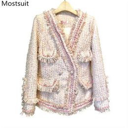 Korean Elegant Vintage Tweed Women Coats Jackets Autumn Winter Long Sleeve V-neck Double-breasted Tassels Tops Femme 210513