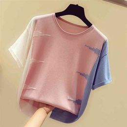 shintimes Pink O-Neck T Shirts Women Summer Thin Knitted T-Shirt Women Casual Woman T-Shirts Hit Colour Tops Tee Shirt Femme 210324