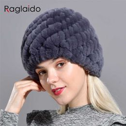 Raglaido Rabbit winter fur hat for Women Russian Real Fur Knitted Cap headgea Winter Warm Beanie Hats fashion brand LQ11279 211228