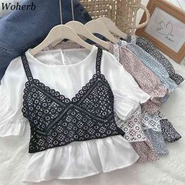 Fake Two Pieces Patchwork Blouses Women Summer Blusas Floral Flare Sleeves Short Pullover Shirts Korean Blouse Tops 210519