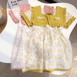 Square Collar Short Sleeve Printed Girl Dress Kids Clothes Summer Cute Frill Bow Knot Children 210515