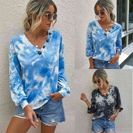 Autumn Fashion All-match Tie-dye Printing V-neck Long-sleeved Blouse Women Casual Loose Streetwear Blusas Mujer De Moda 210517