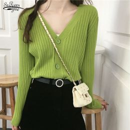 Knit Loose Autumn Women Sweater Long Sleeve V-neck Solid Sweater Sweet Cardigan Single-Breasted Korean Office Lady Clothes 10330 210527