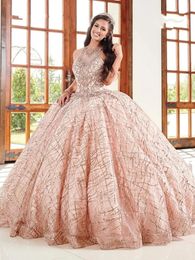 Elegant Rose Golden O Neck Ball Gown Quinceanera Dresses Beaded Top Plus Size Formal Prom Party Gowns Lace Up Back Vestidos De Fiesta