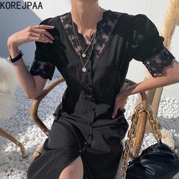 Korejpaa Women Dress Summer Korean Chic Dark Elegant V-Neck Lace Stitching Hem Buckle Slim High Waist Puff Sleeve Vestidos 210526