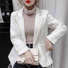Autumn Winter Korean Casual Tweed Jackets Women Button Solid Suits Coat Female Streetwear Tops Office Lady Slim Outwear Feminino 210514