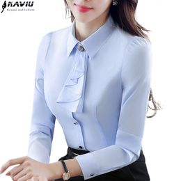 Elegant Ladies Long-Sleeve Blue Shirt Autumn White Purple Bow Tie Chiffon Women Blouse Work Wear Formal Office Plus Size Top 210317