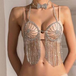 GLAMing Rhinestone Tassel Bra Bikini Sexy Harness Jewelry for Women Luxury Crystal Body Lingerie Chain Summer Rave Outfit