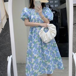 Fashion Retro Blue Print Long Dress Korea Summer Women Sweet Puff Sleeve O Neck Casual Bohemian Vacation Dress 210518