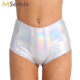 MSemis Women Party Rave Shiny Metallic Booty Shorts Sexy High Waist Back Zipper Leather Panty Pole Dance Holographic Mini Women's Panties