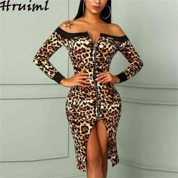 Long Sleeve Dress for Women Autumn Sexy Bodycon Leopard Print Off Shoulder Slash Neck Midi Zippers Split Slim Party Club 210513