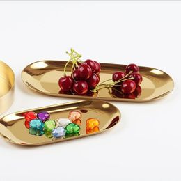 small metal plates UK - Kitchen Storage & Organization 2pcs Luxurious Metal Tray Gold Oval Dotted Fruit Plate Small Items Jewelry Display Mirror