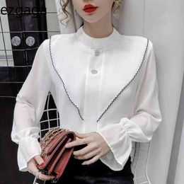 Ezgaga Office Lady Shirts Women Korean Spring Fashion Flare Sleeve Elegant Chiffon Button Loose Women Blouse Blusas 210430