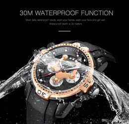 Men Top Luxury quality Rose Gold Casual Quartz Watch black Rubber strap Mens Multifunction military Watches Waterproof Sports wris220Y