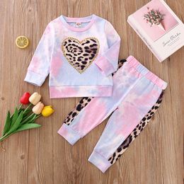 1-5Y Girl Clothes Suit Spring Autumn Long-sleeve Leopard Print Sweater + Tie-dye Pants 2PCS Casual Children's Clothing 210515