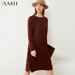 Minimalism Autumn Sweater Dress Fashion Solid Oneck Ruffle Knitted Women's Causal es For Women 12040517 210527