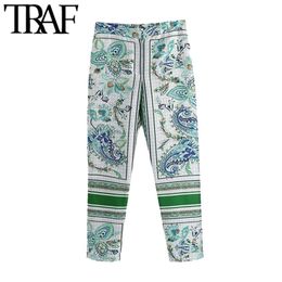 TRAF Women Chic Fashion Side Pockets Paisley Print Pants Vintage High Waist Zipper Fly Female Ankle Trousers Mujer 210915