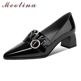 Meotina Genuine Leather Pointed Toe Women Shoes Pleated Buckle Fashion Pumps Thick Heels Slip On Shoes Ladies High Heel Shoes 210520