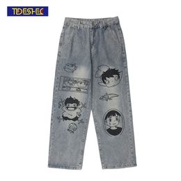 shec Anime Printed Jeans College Style Loose Men and Women Trousers Streetwear Denim Pants Fashion Mens Clothing 210716