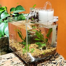 -Aquarien Mini Aquarium Tank Desktop Fischschüsseln für kleine klare Wasserfallauslassung mit 2,5 Watt leise Pumpenfilter Baumwolle