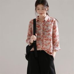 Spring Arts Style Women Long Sleeve Turn-down Collar Loose Shirts Vintage Print Cotton Linen Blouses Femme Tops M338 210512