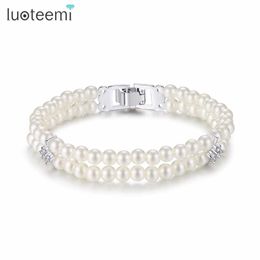 Luoteemi White Gold Colour Double Row Created Pearls Cz Bracelet Bangles for Women Wedding Jewellery Bridesmaids Bridal Collection Q0717