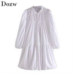 Fashion Women Embroidery Mini Dress Puff Long Sleeve Loose White Cotton Female O Neck Casual Pleated Sundress 210515