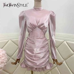 Sexy Pink Dress For Women Stand Collar Long Sleeve High Waist Backless Ruched Mini Dresses Female Summer 210520