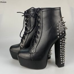 Rontic Women Platform Ankle Boots Sexy Studded Square High Heels Round Toe Black Night Club Punk Shoes Women Plus US Size 5-15