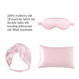 Hats, Scarves & Gloves Sets 100% Real Silk Three Pieces Package Sleep Eyeshade 2 Layers Pure Headband 48*74cm Envelop Pillowcase Luxury 19 M