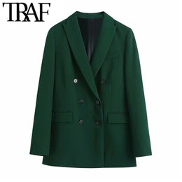 TRAF Women Fashion Double Breasted Office Wear Blazer Coat Vintage Long Sleeve Welt Pockets Female Outerwear Chic Veste 211006