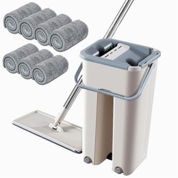 Mop With Bucket and Pad Set Wringing Microfiber Hand-Free Squeeze s Home Cleaning Bathroom Kitchen Floor Wet And Dry Kit 211102